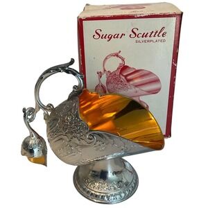Vintage Leonard Silverplated Sugar Scuttle Gold Wash Interior Floral Repousse